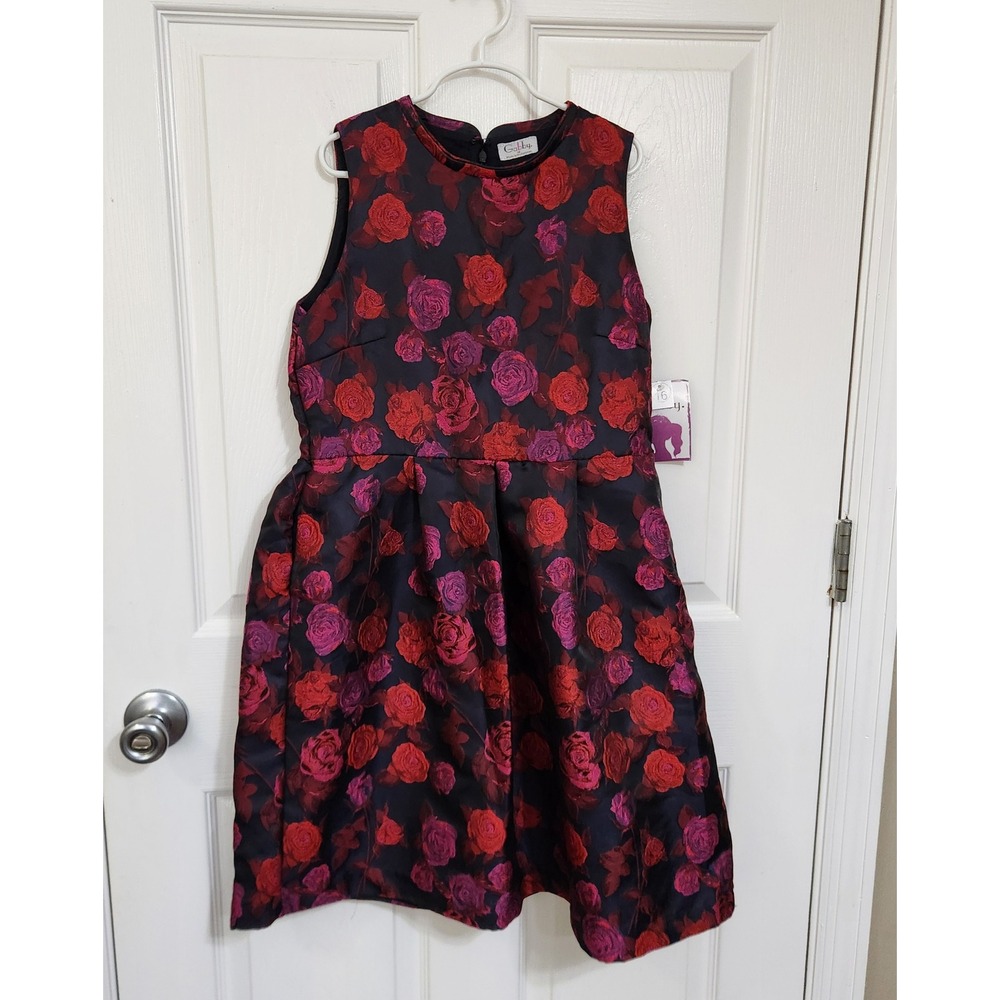 Gabby Girls Floral Rose Jacquard Sleeveless Party Dress Red Purple Size 16 NWT